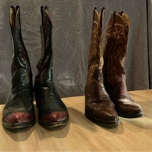 black boots with red embroidery and red toe may need resole